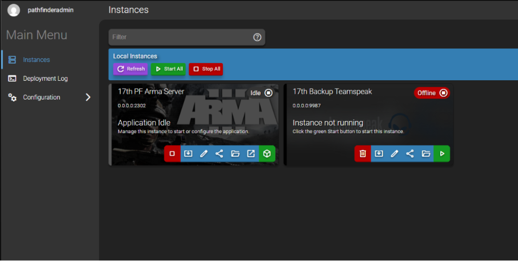 Main Menu showing instances